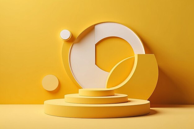 Abstract minimal scene with geometric forms yellow podium in yellow background for product presentation