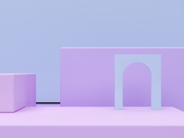 Abstract minimal scene with geometrical forms curves arches and podiums in violet colors