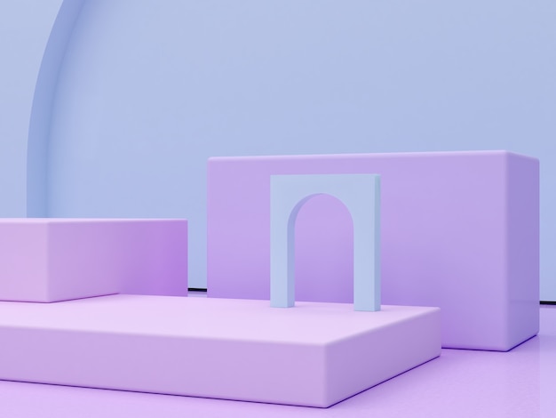 Abstract minimal scene with geometrical forms curves arches and podiums in violet colors