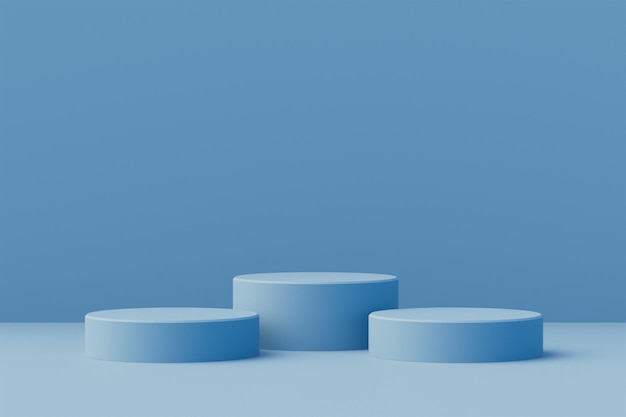 幾何学的な形をした抽象的な最小限のシーン青い色のシリンダー表彰台抽象的な背景化粧品を表示するシーンショーケース店先の陳列ケース3Dレンダリング