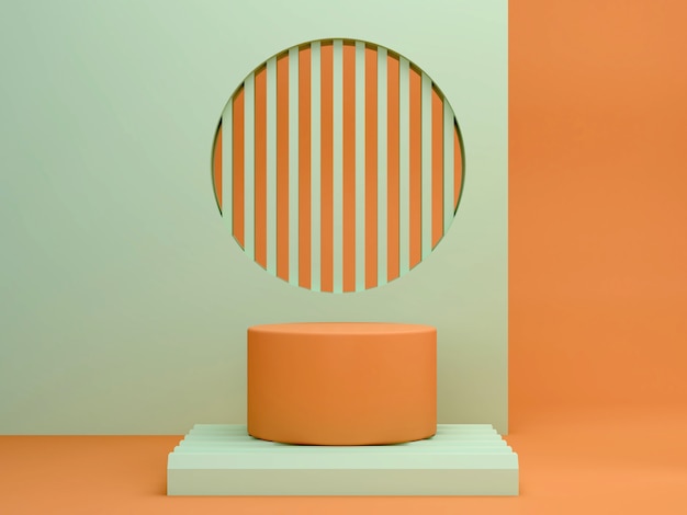 Abstract minimal scene with geometrical forms. Cylinder podiums in green and orange colors. Abstract background. Scene to show cosmetic products. Showcase, shopfront, display case. 3d render.