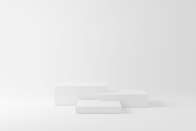 Abstract minimal scene with geometry podium in white studio lighting background. Product presentation showcase, Mock up stage, Cosmetic product display, Podium, stage pedestal. 3d rendering