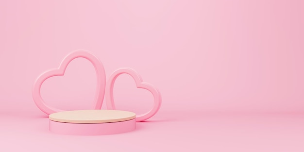 Abstract minimal scene with wooden podium and backdrop shape heart in studio lighting pink background Product presentation showcase Mock up stage Cosmetic product display Podium 3d rendering