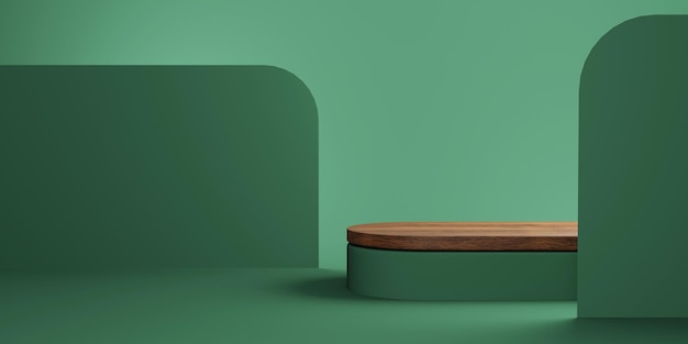 Abstract minimal scene with wooden podium and backdrop in studio lighting green background. Product presentation showcase, Mock up stage, Cosmetic product display, Podium, stage pedestal. 3d rendering