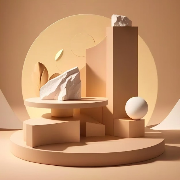 Abstract Minimal Studio Podium Stone Display met Beige Rock en Gold Sokkel voor cosmetische schoonheidsproductpromotie op bruine achtergrond met zonneschaduw en natuurlandschap Showcase Generatieve AI