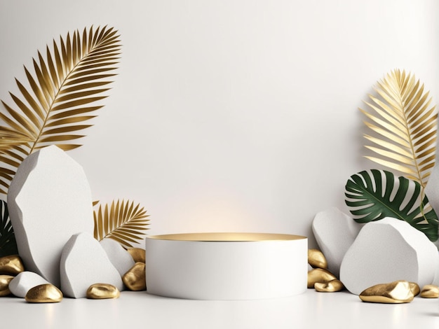 Abstract Minimal a white table with a gold and white bowl and a white bowl with gold leaves on it