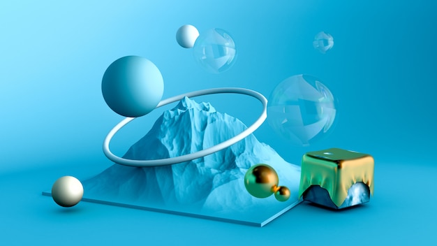 Abstract minimalism background in the studio with a mountain and elements. 3d rendering.