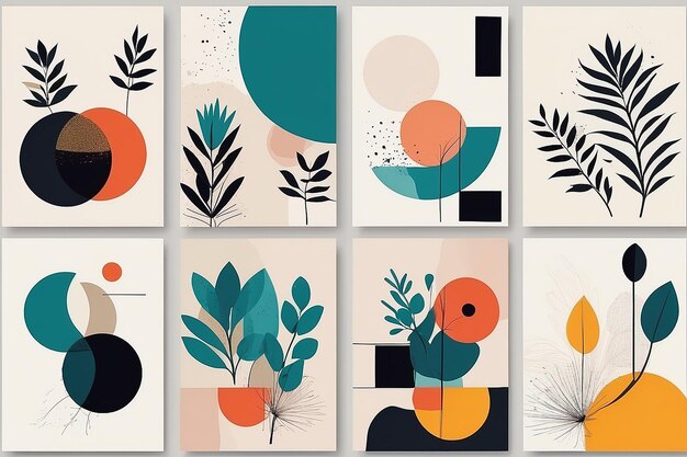 Abstract minimalist Art Mixed style geometric shapes aAbstract minimalist Art Mixed style geometric shapes and plants Flowersnd plants Flowers