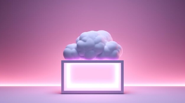 abstract minimalist background of pastel cloud and blank linear square frame glowing with neon light