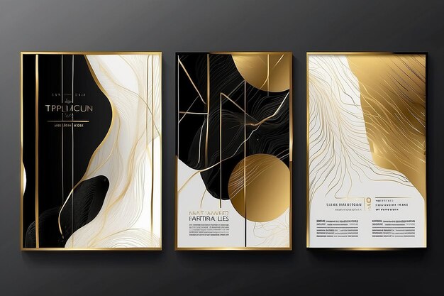 Photo abstract minimalist poster collection with golden smooth thin ink lines on black background luxury banner design