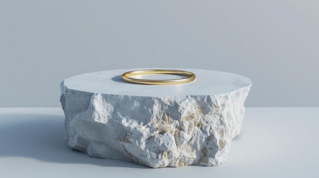 An abstract minimalist wallpaper with a chalk rock stone and a golden ring hanging in midair on a white background as if levitated in 3D