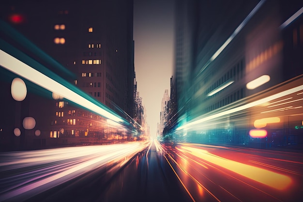 Abstract minimalistic cityscape with blurred streaks of traffic in the foreground