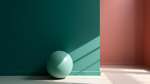 Abstract minimalistic composition scene with green gloss ball on white horizontal surface near green wall neural network generated picture