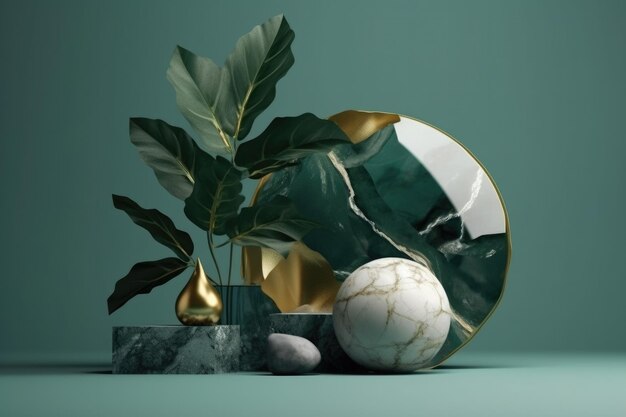 Абстрактные минималистичные композиции, зеленые листья и золотые скульптуры в сбалансированном стиле Генеративный AI