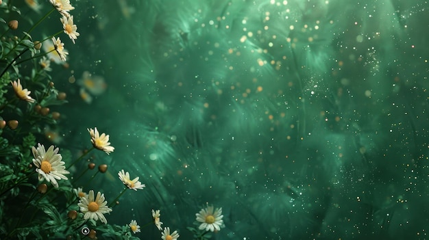 Abstract minimalistic green background on which small daisy flowers are scattered