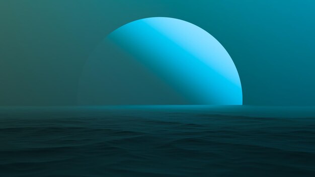 Abstract minimalistisch mistig oceaanlandschap met een planeet aan de horizon in blauwachtig aquamarijn Futuristisch wateroppervlak op een andere planeet 3D render