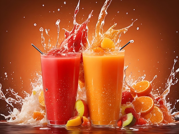 Abstract Mix Fruits Juice with Fresh Fruit Splash in Vibrant Orange Tones