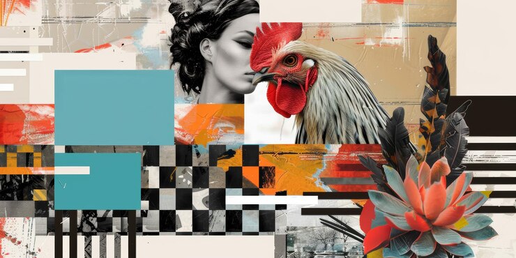 Photo abstract mixed media art featuring rooster woman succulent and geometric patterns