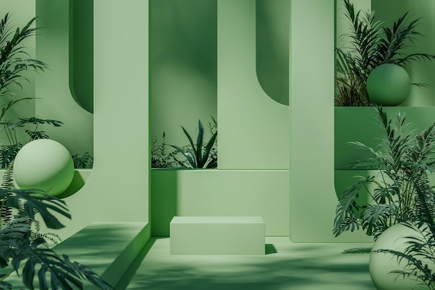 Abstract mockup scene groen boogmuurplatform en tropische planten