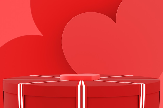 Абстрактная сцена валентинок макета. Платформа красного сердца на красной подарочной коробке. 3d визуализация