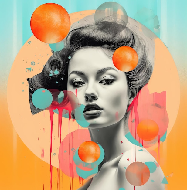 Abstract modern art collage portrait of a trendy young woman with colourful circle design