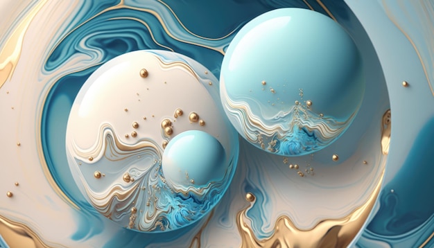 Abstract modern blue and whit mixed background with gold veins Colour waves splash color spheres