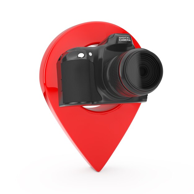 Abstract Modern Digital Photo Camera with Target Pin Pointer on a white background. 3d Rendering