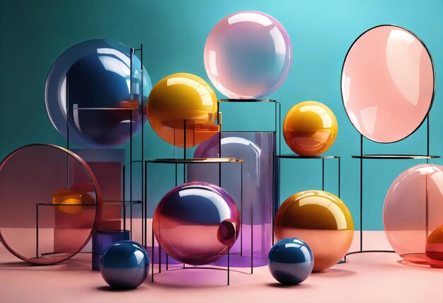 abstract modern minimal background with colorful translucent round glass shapes