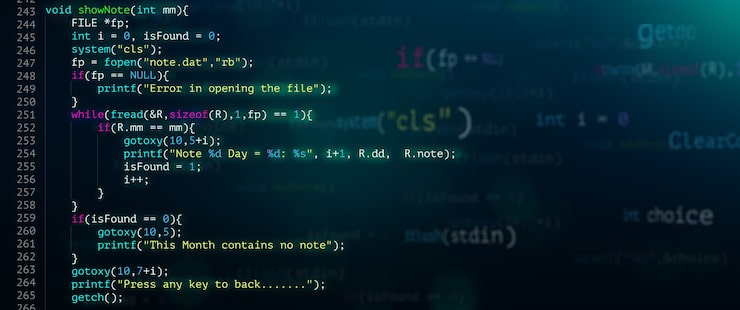 Photo abstract modern tech of programming code screen developer. c programming language of computer script and technology background of software.