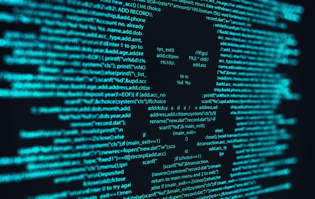 スカルコンピュータウイルスマルウェアとハッカー攻撃の概念を使用したプログラミングコード画面の抽象的な現代技術
