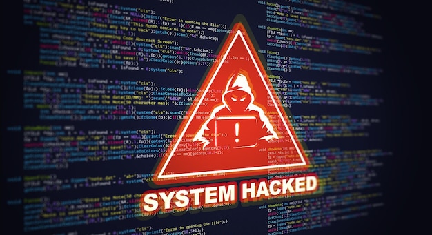 Abstract modern tech of programming code screen with warning\
alert of system hacked virus malware cyber attack and internet\
cyber security concept 3d illustration