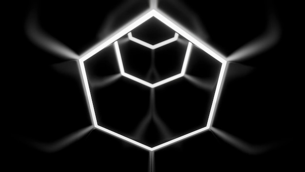Abstract monochrome hexagon shapes creating effect of a tunnel design flying through neon frames