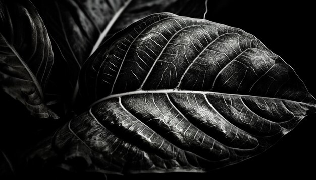 Abstract monochrome leaf vein pattern on black background organic growth generated by artificial intelligence