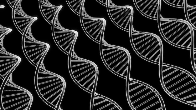 Photo abstract monochrome scientific background with dna spirals design moving dna structures on a black