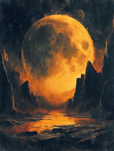 Photo abstract moon scape in painterly style with warm colored highlights and cool shadows