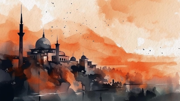 Abstract Mosque In The Hills Watercolor Background On Paper Ramadan and Eid themes