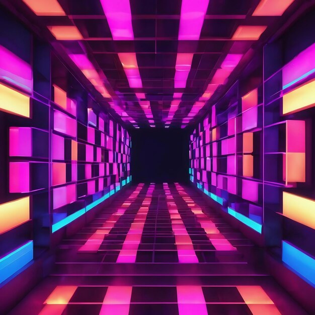 Movimento astratto sfondo geometrico quadrati al neon luminosi che creano un tunnel rotante blu rosa pur