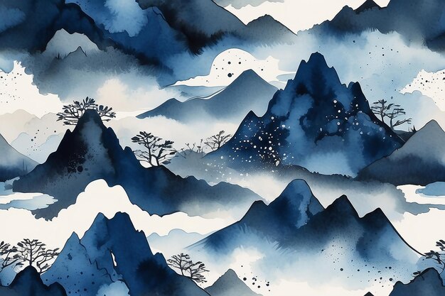 일본식 인디고 잉크로 그려진 추상적인 산 풍경