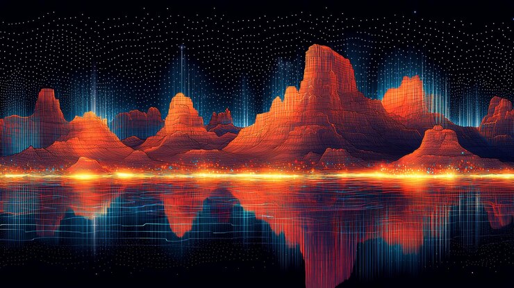 Photo abstract mountain landscape with digital glowing lines
