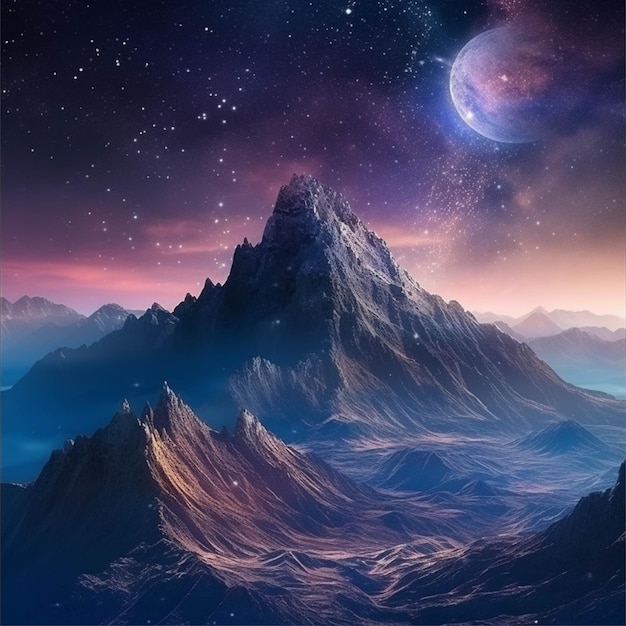 Abstract mountain landscape with stars and moon AI generated