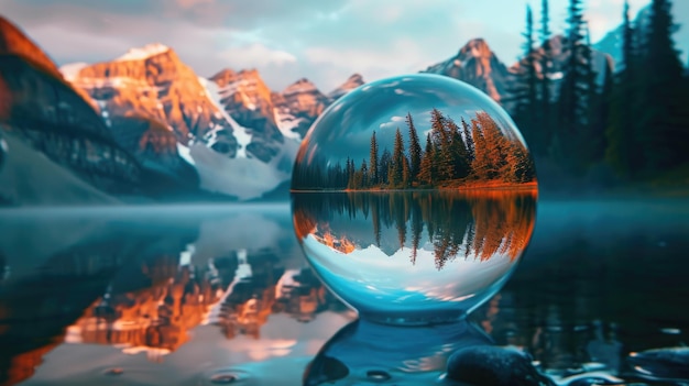 写真 抽象的な山と森の風景が湖に反射するバブルで 夢の風景