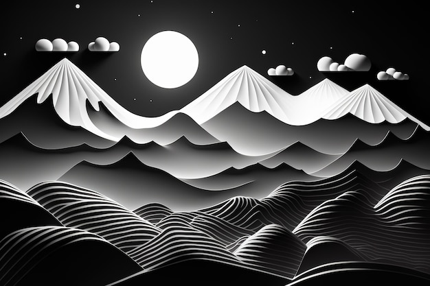 Abstract mountains and the sun in black and whiteBeautiful print for your decor and design Generative ai