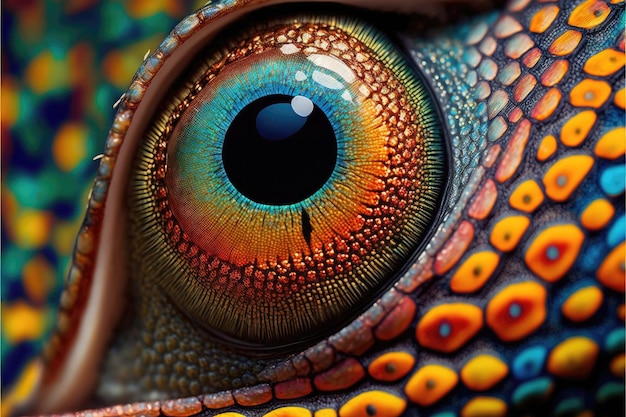 Abstract multicolor eye of lizard dotted skin Close up macro view