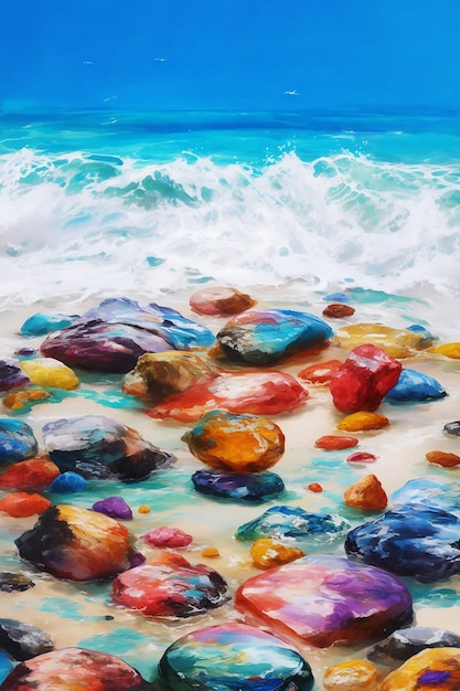 Abstract multicolor mysterious paradise colorful stones wave behind ocean hd acrylic paint on paper