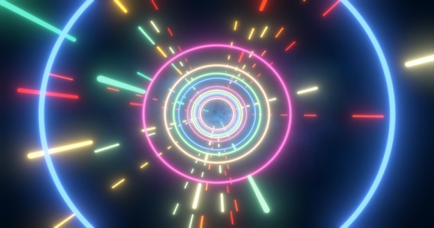 Абстрактный разноцветный энергетический футуристический высокотехнологичный туннель летающих кругов, светящийся фон