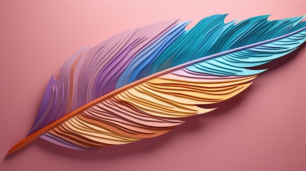 写真 アブストラクト ピンクの背景に多色の羽毛 生成人工知能