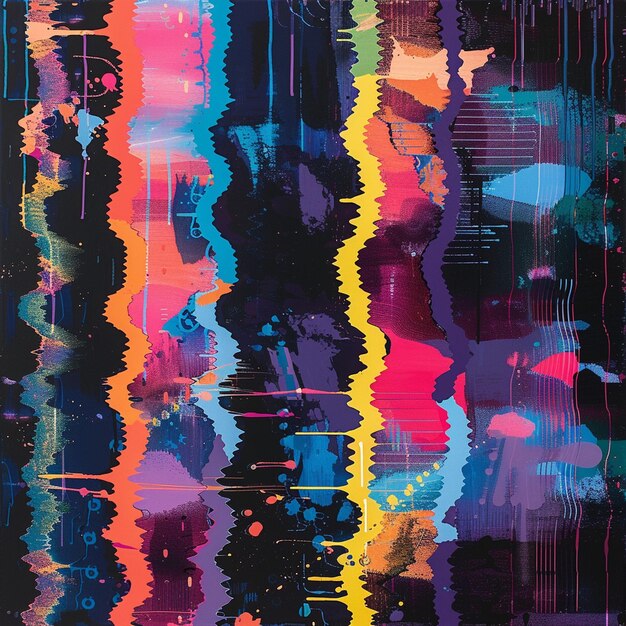 Abstract Multicolored Pattern on Black Background Digital GlitchInspired Painting