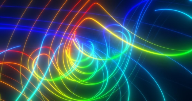 Abstract multicolored rainbow neon energy laser lines flying on a black background