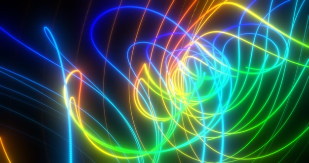 Abstract multicolored rainbow neon energy laser lines flying on a black background