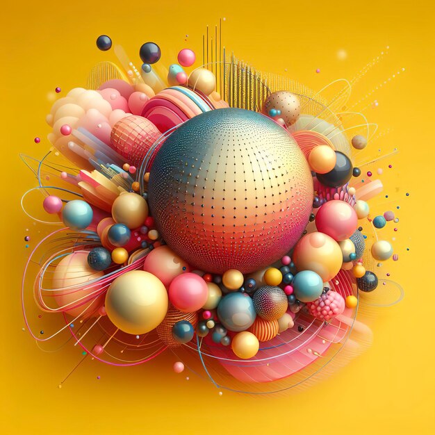 Abstract multicolored spheres on yellow and pink backgrounds